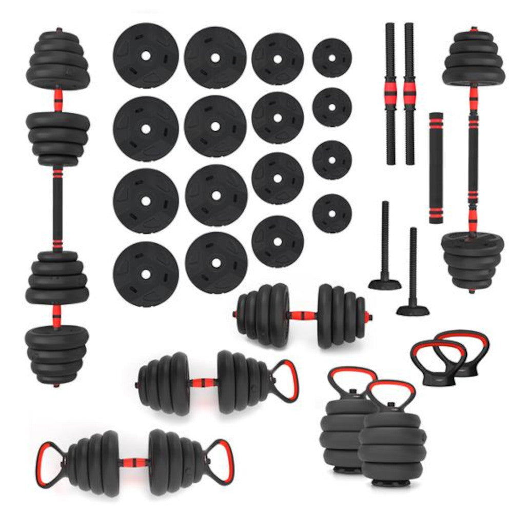 6-i-1 träningsset 30 kg (hantlar, skivstång & kettlebell)