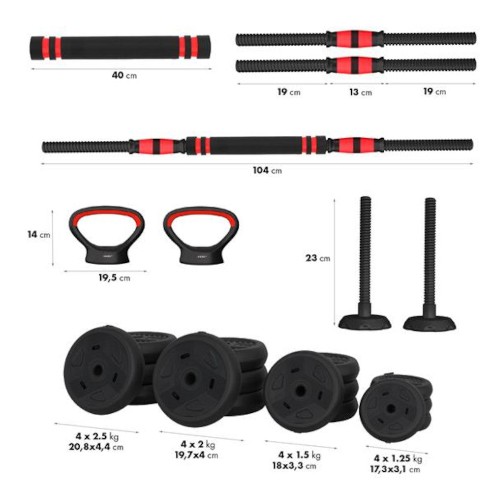 6-i-1 träningsset 30 kg (hantlar, skivstång & kettlebell)