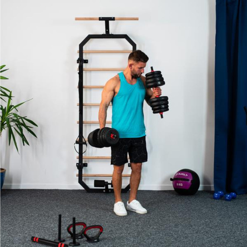 6-i-1 träningsset 30 kg (hantlar, skivstång & kettlebell)