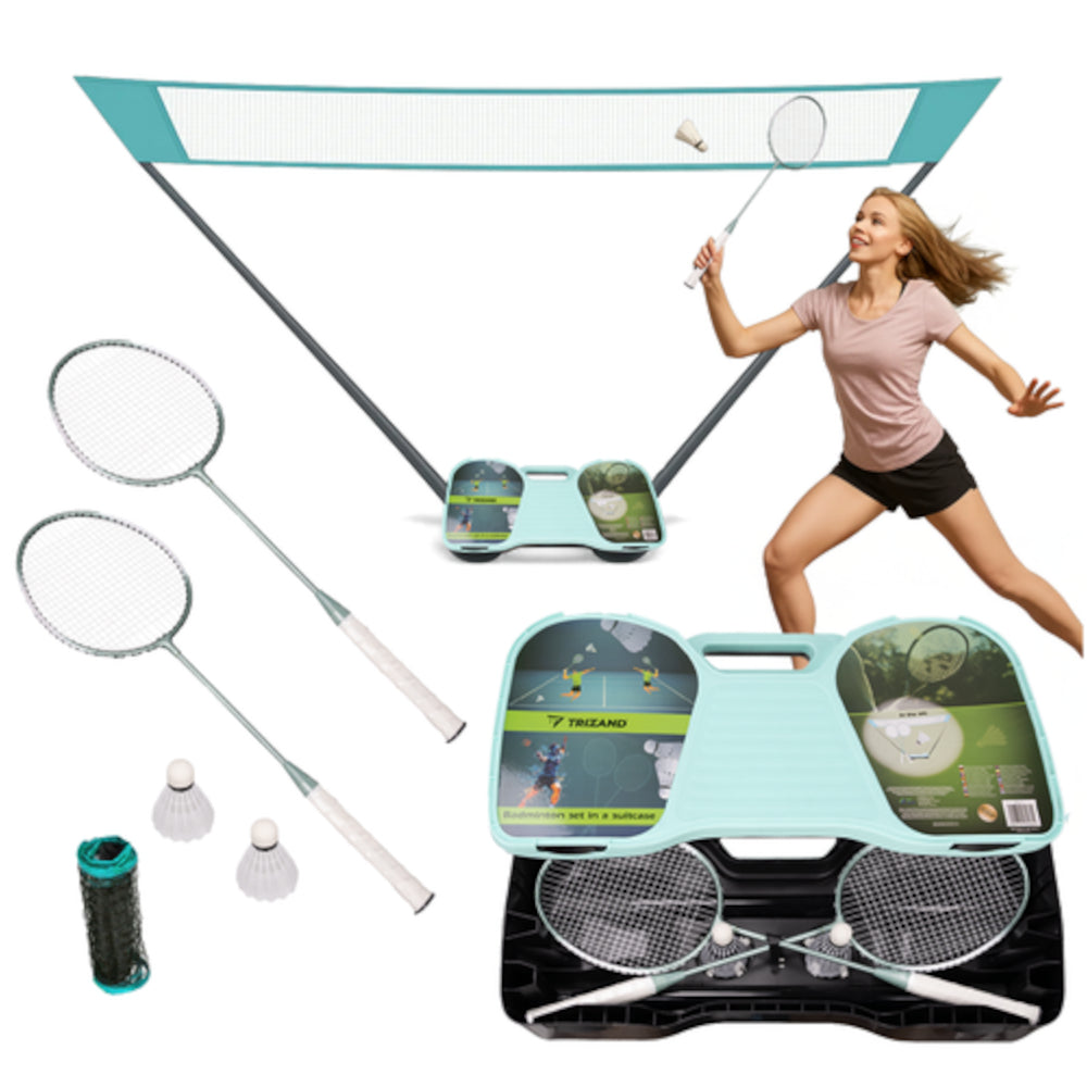 Badmintonsats med nät, 2 racketar och fjäderbollar